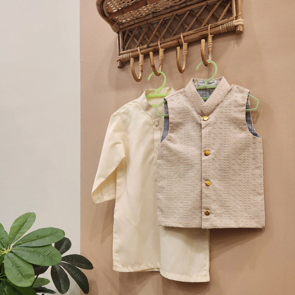 Beige Waistcoat and Cream White Kurta with Trouser