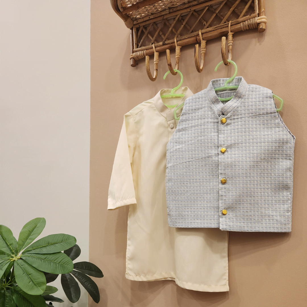 Ice Blue Waistcoat and Cream White Kurta Trouser