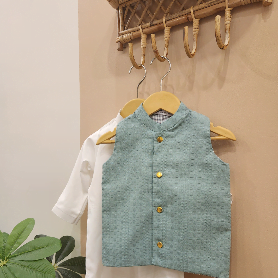 Mint Green Waistcoat and White Kurta Trouser