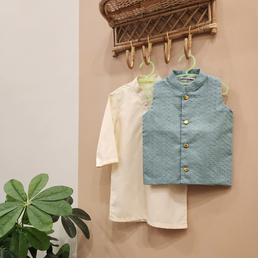 Mint Green Waistcoat and Cream White Kurta Trouser