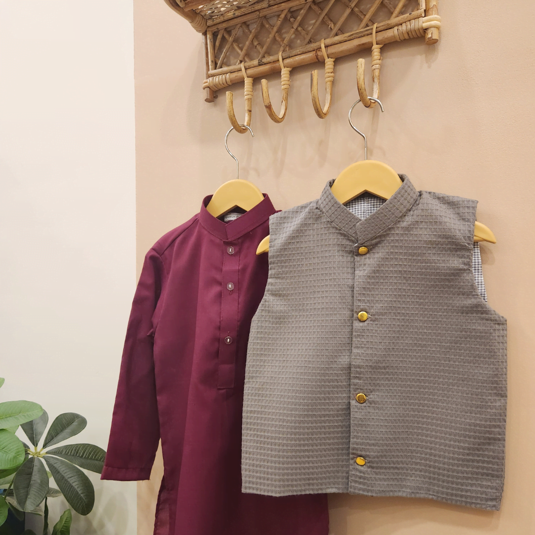 Dark Grey Waistcoat and Maroon Kurta with Trouser