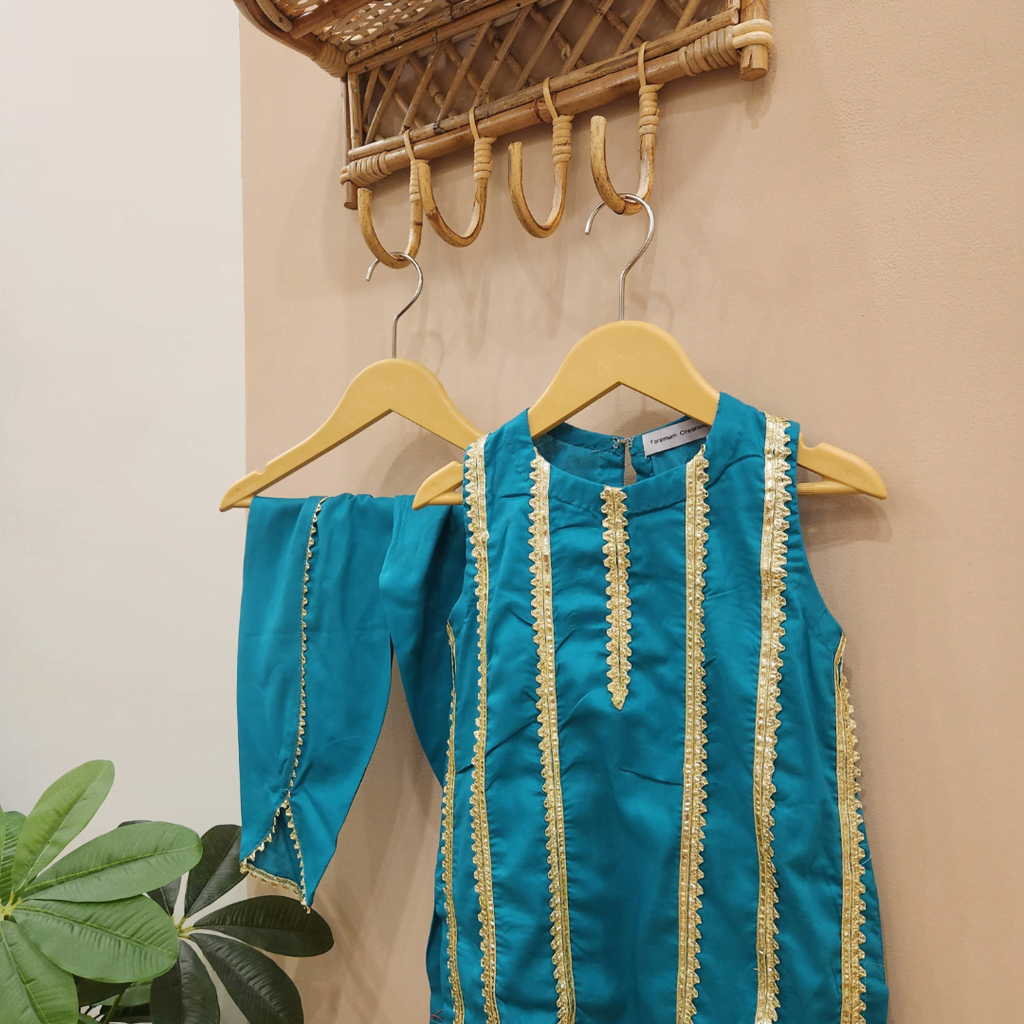 Teal Blue Gota Kurti Tulip Shalwar