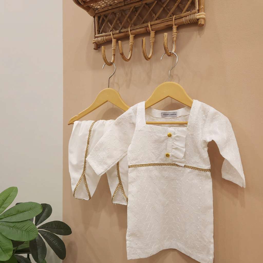 White Chikankari Gota Cotton Kurti with Gota Tulip Shalwar