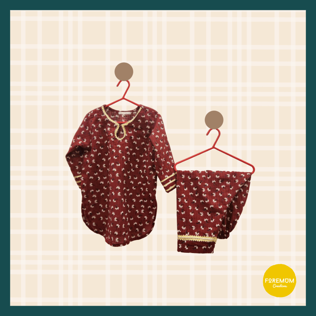 Maroon Floral Cotton Kurti Shalwar