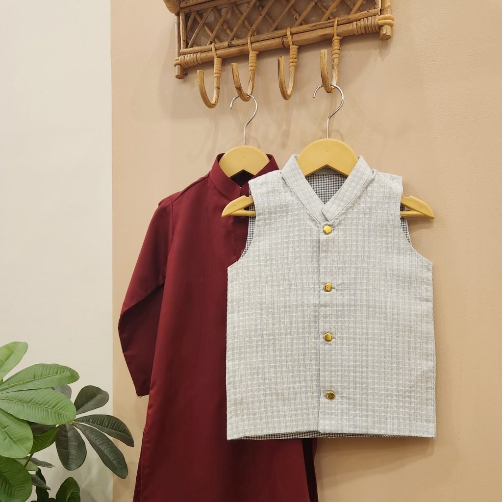 Ice Blue Waistcoat and Maroon Kurta with Trouser
