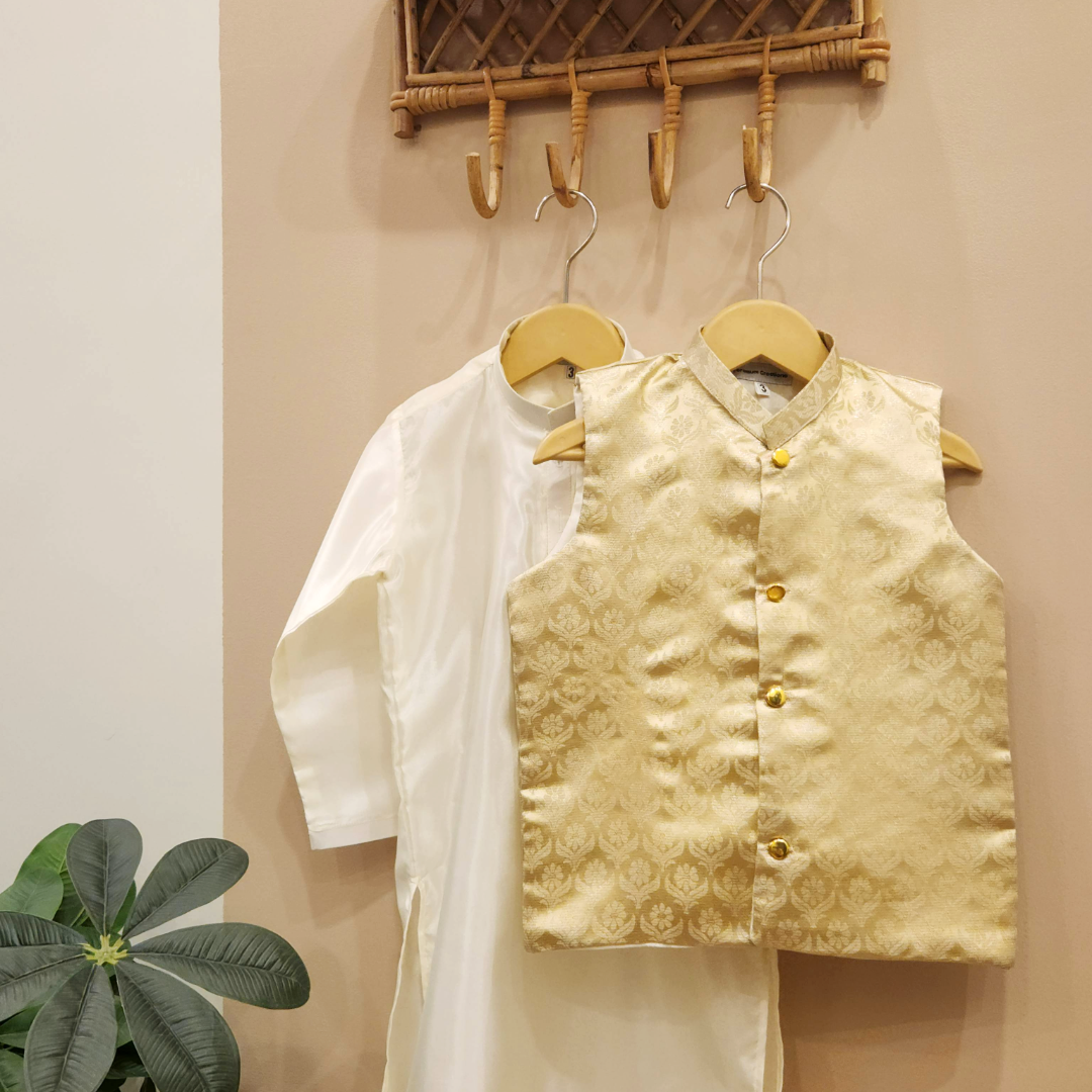 Stardust Gold Waistcoat with Cream Silk Kurta and Trouser