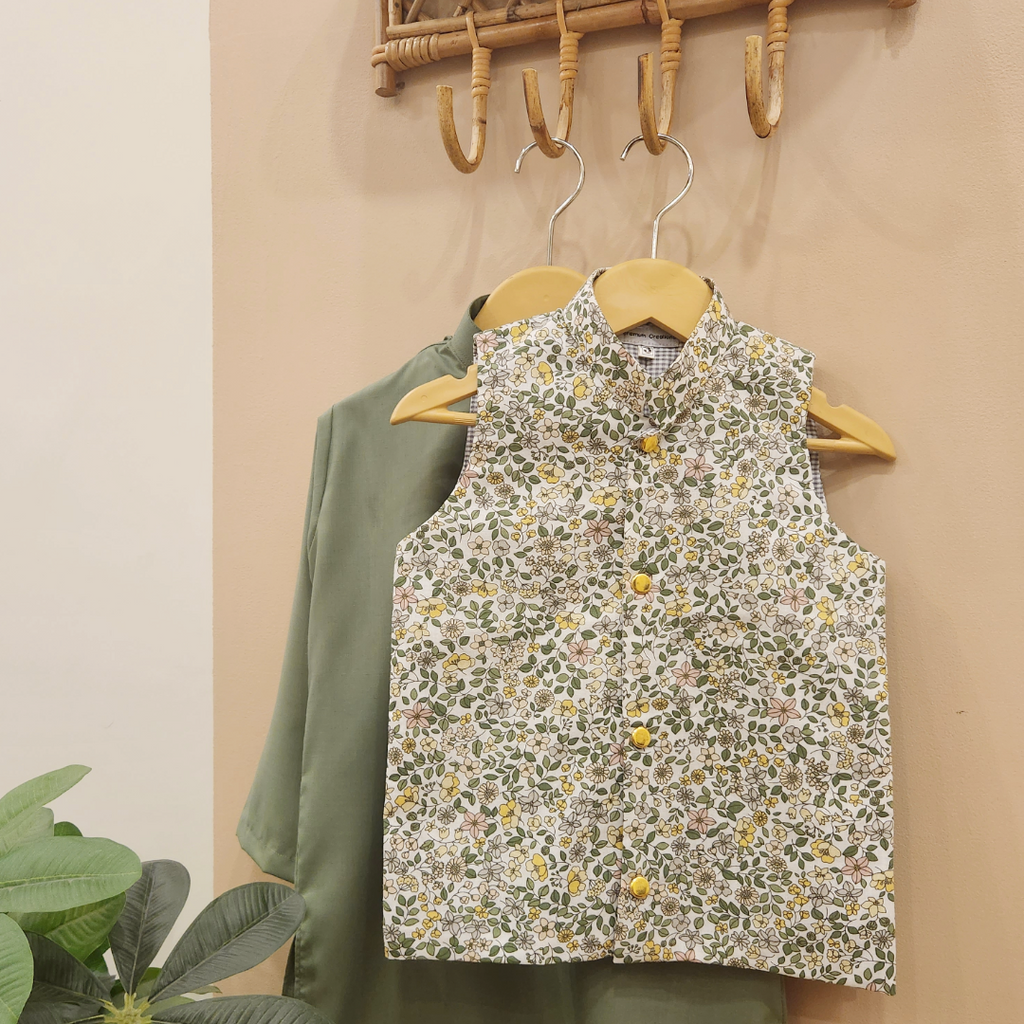 Botanical Mist Waistcoat and Sage Green Kurta with White Trouser