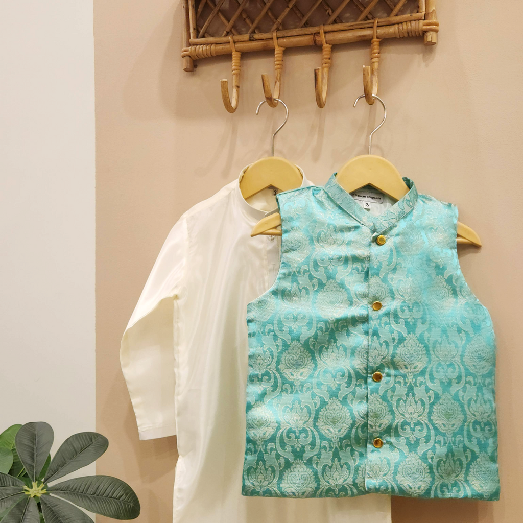 Aqua Mint Gloss Waistcoat with Cream Silk Kurta Trouser