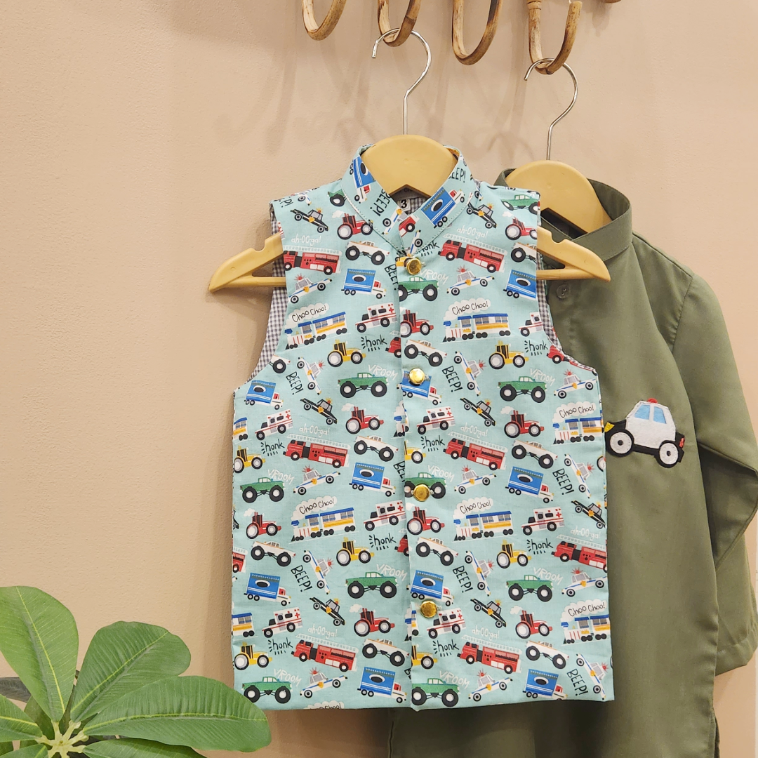 Crazy Taxi Waistcoat & Embroidered Police Car Kurta with Trouser