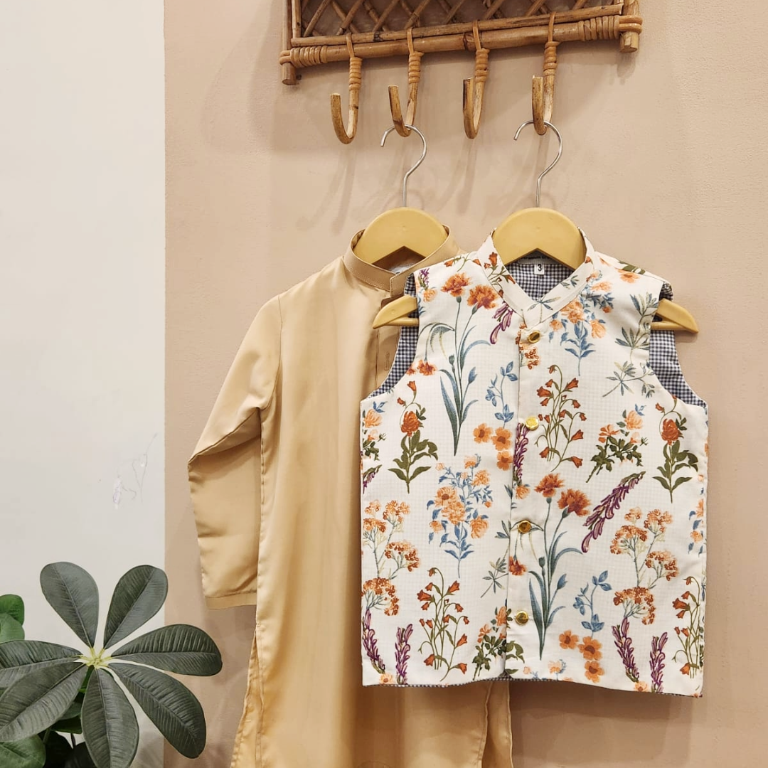 Daytime Gardenia Waistcoat and Caramel Kurta with White Trouser