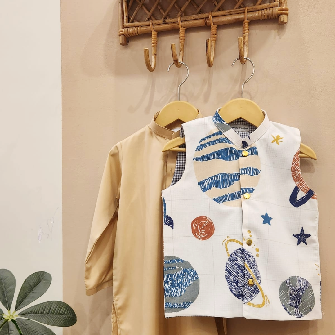 Space Dreamers Waistcoat and Caramel Kurta with White Trouser