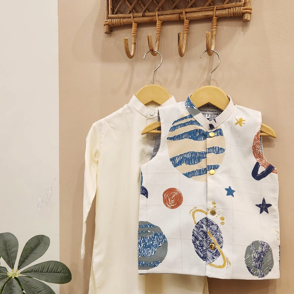 Space Dreamers Waistcoat with Cream Kurta Trouser