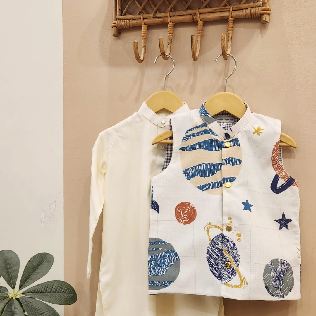 Space Dreamers Waistcoat with Cream Kurta Trouser
