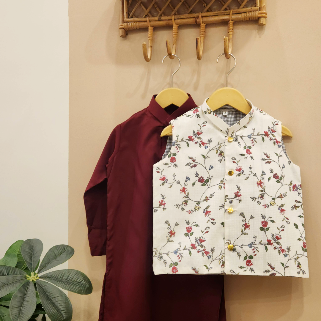 Blossom Whisper Waistcoat with Maroon Kurta and White Trouser