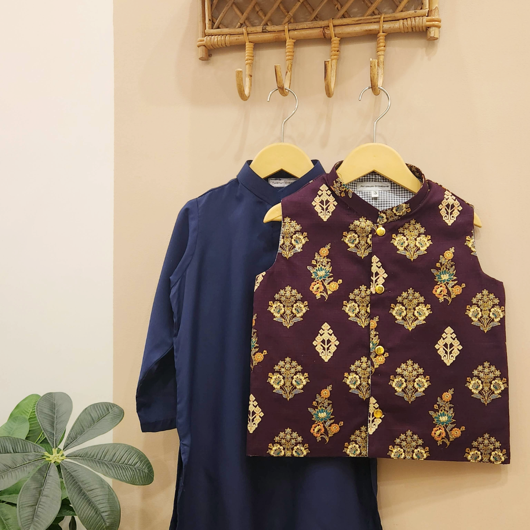 Plum Heritage Waistcoat and Navy Blue Kurta with White Trouser