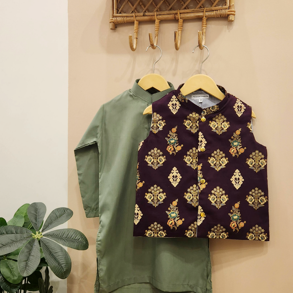 Plum Heritage Waistcoat with Sage Green Kurta with White Trouser