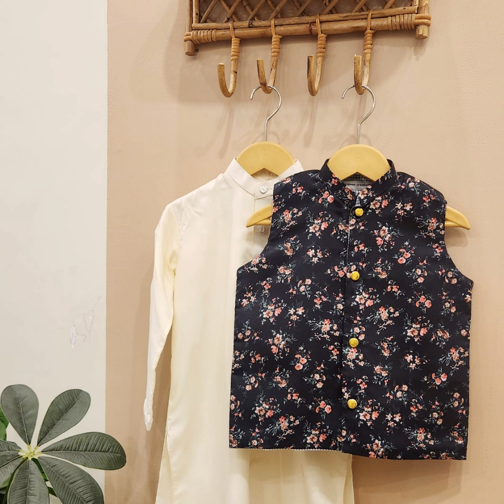 Noir Garden Waistcoat with Cream Kurta Trouser