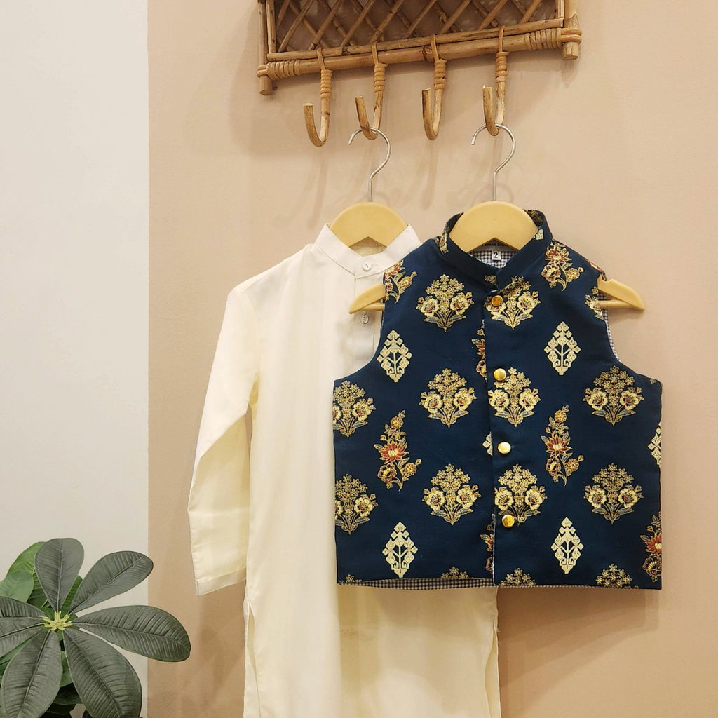 Navy Heritage Waistcoat with White Cotton Kurta Trouser