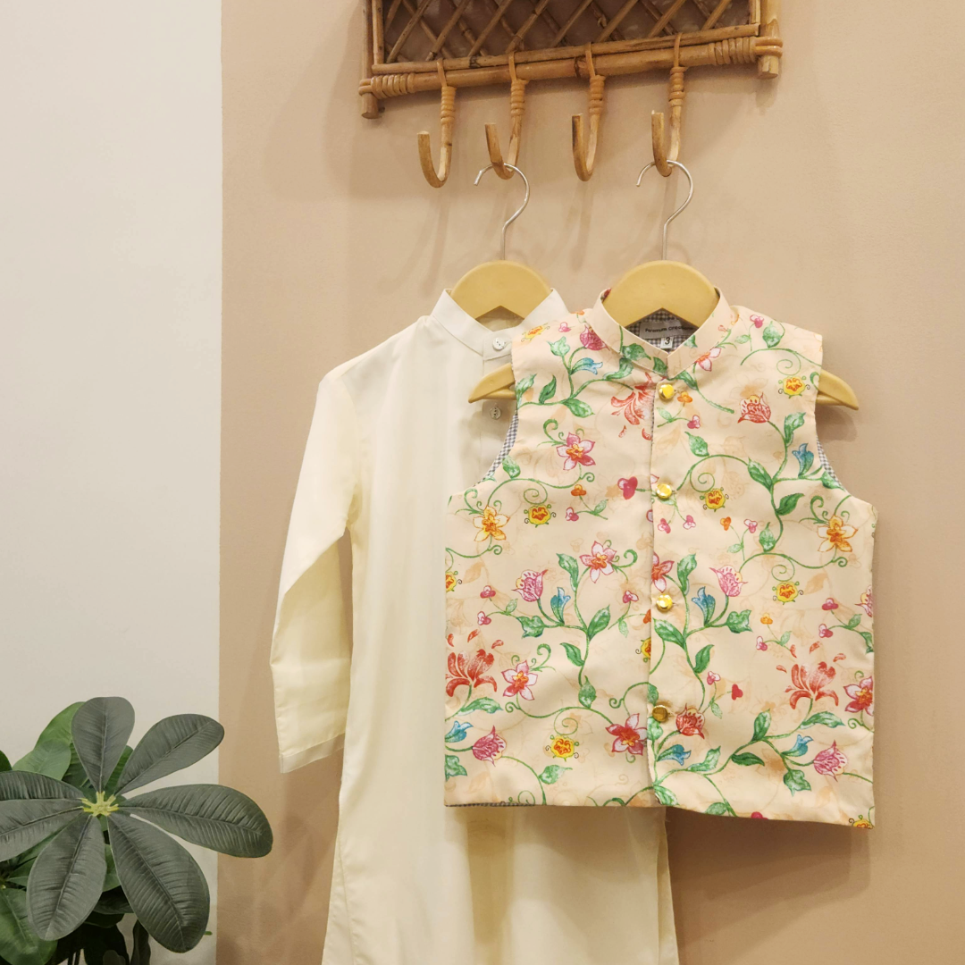 Floral Drift Waistcoat with White Kurta Trouser