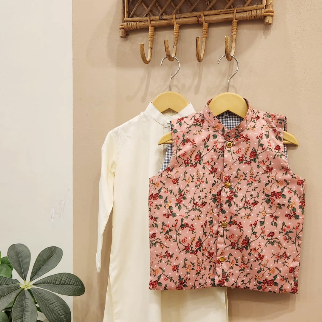 Red Cherry Waistcoat with Cream Kurta Trouser