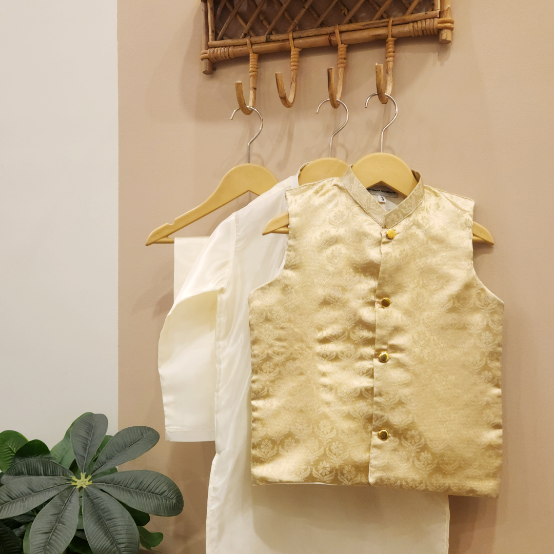 Stardust Gold Waistcoat with Cream Silk Kurta and Trouser