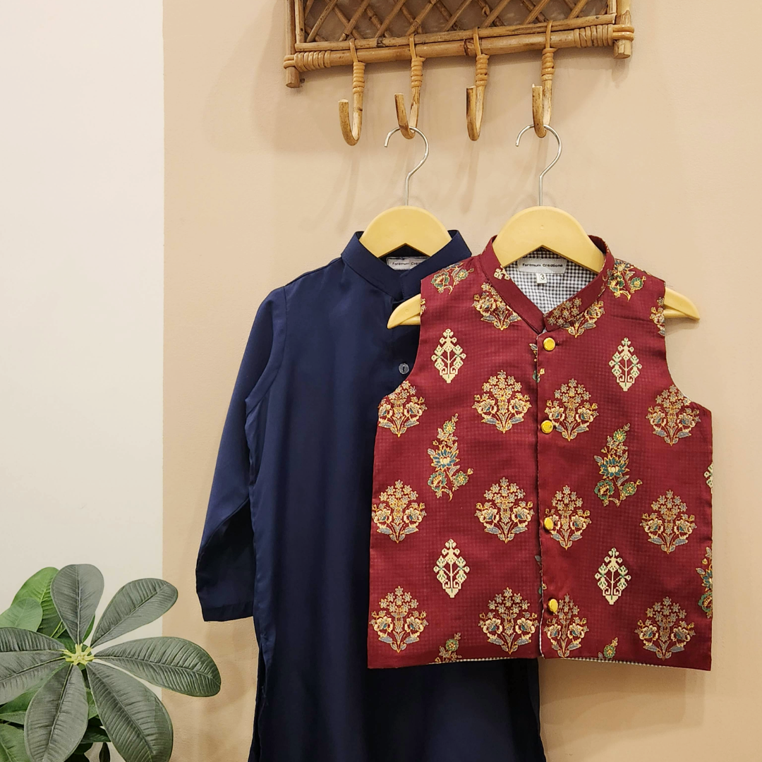 Royal Maroon Waistcoat and Navy Blue Kurta with White Trouser
