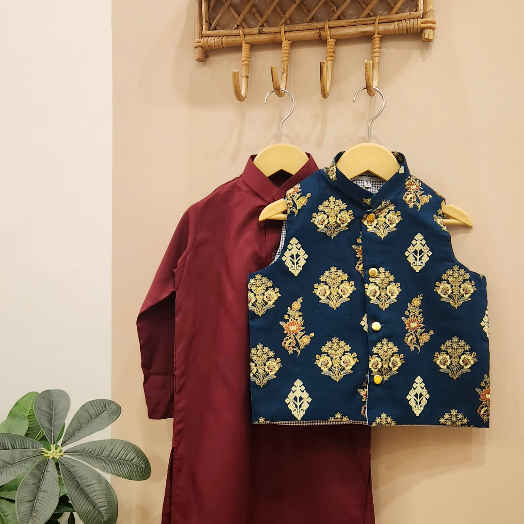 Navy Heritage Waistcoat with Maroon Kurta and White Trouser