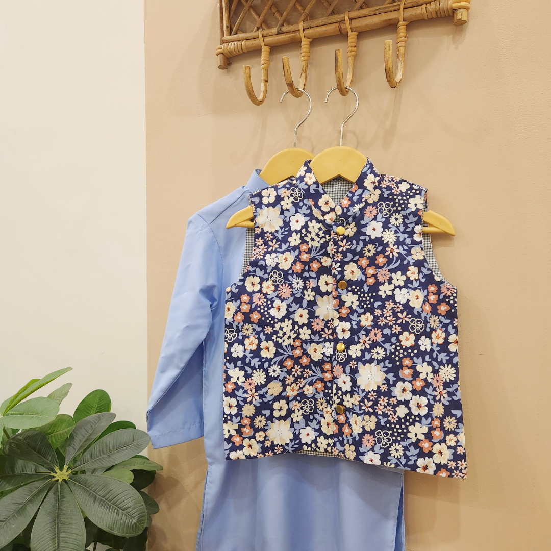 Midnight Floral Waistcoat and Sky Blue Kurta with Trouser