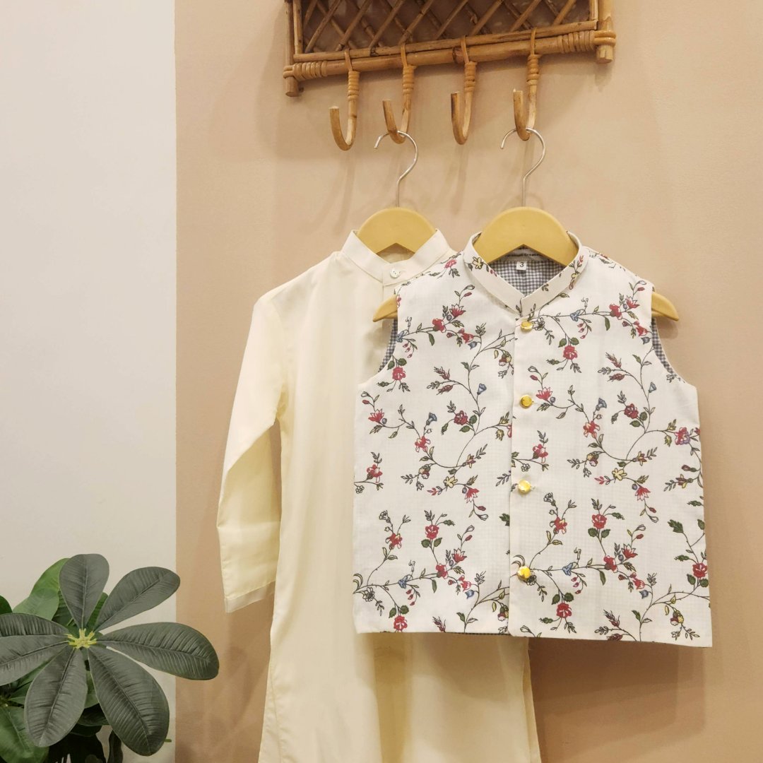 Blossom Whisper Waistcoat with Cream Kurta Trouser