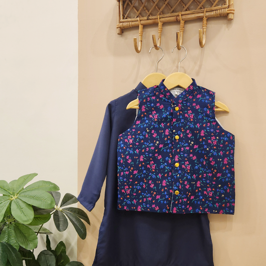 Petal Daze Waistcoat and Navy Kurta with White Trouser