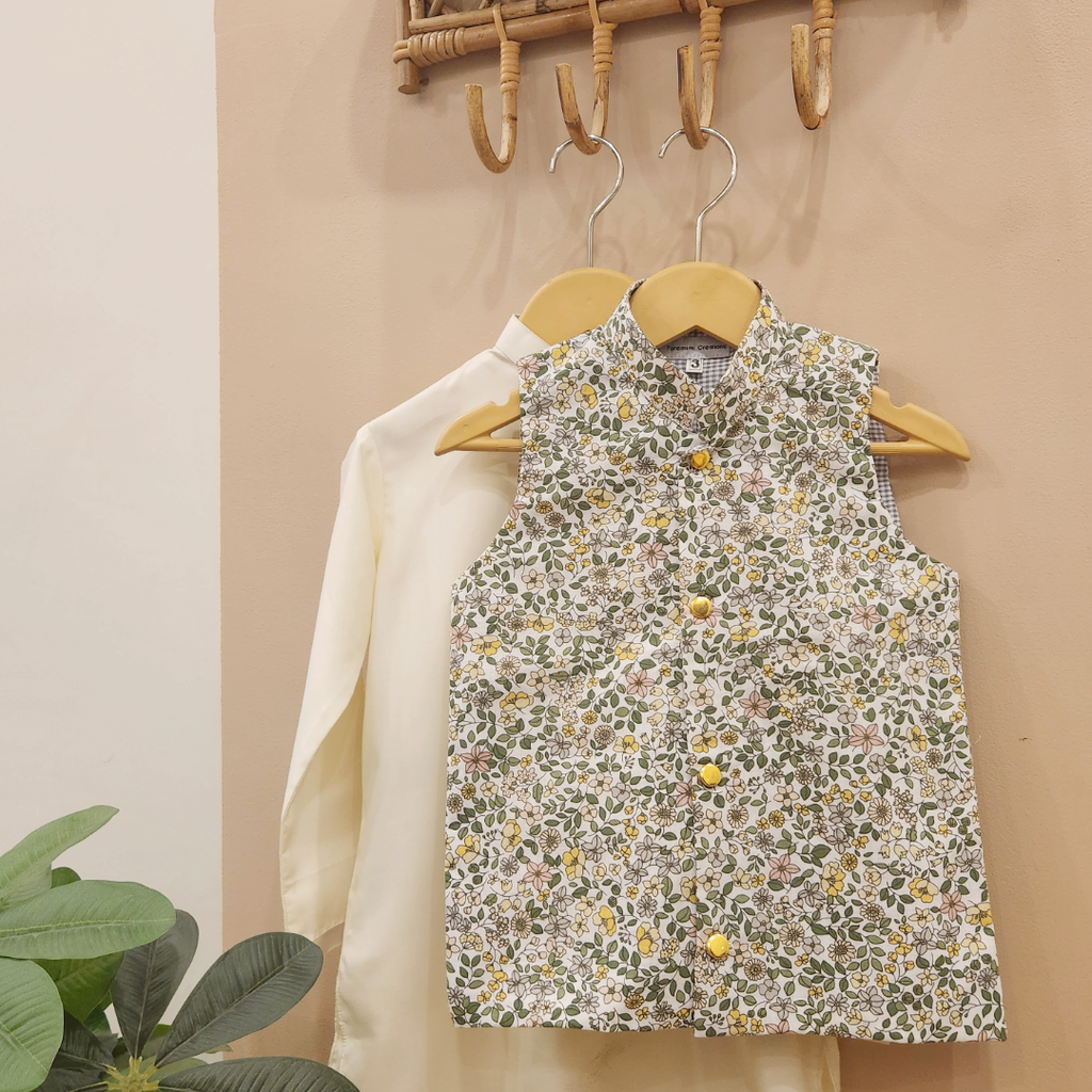 Botanical Mist Waistcoat and Cream Kurta with Trouser