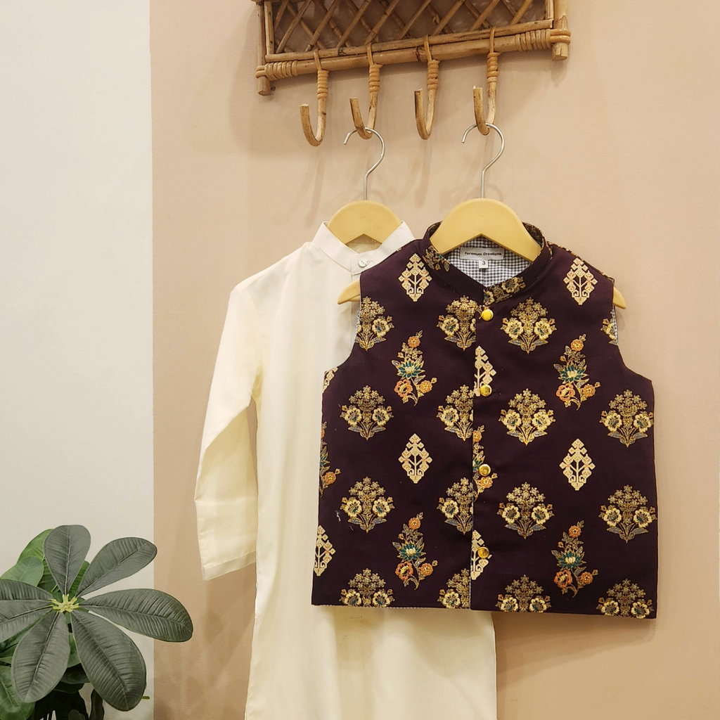 Plum Heritage Waistcoat with Cream Cotton Kurta Trouser