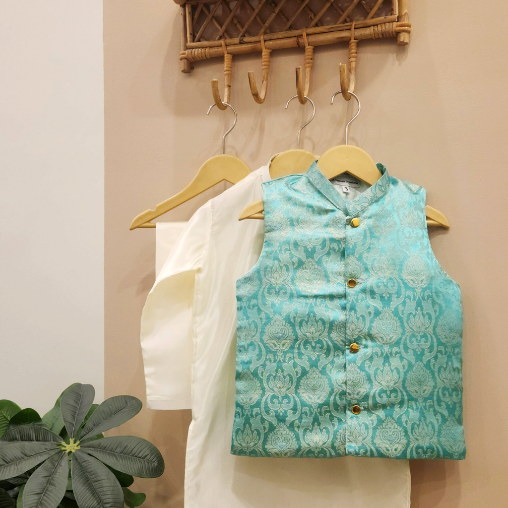 Aqua Mint Gloss Waistcoat with Cream Silk Kurta Trouser