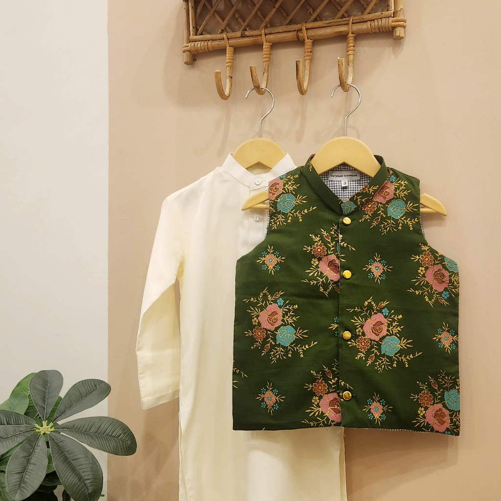 Emerald Blossom Waistcoat with Cream Kurta Trouser