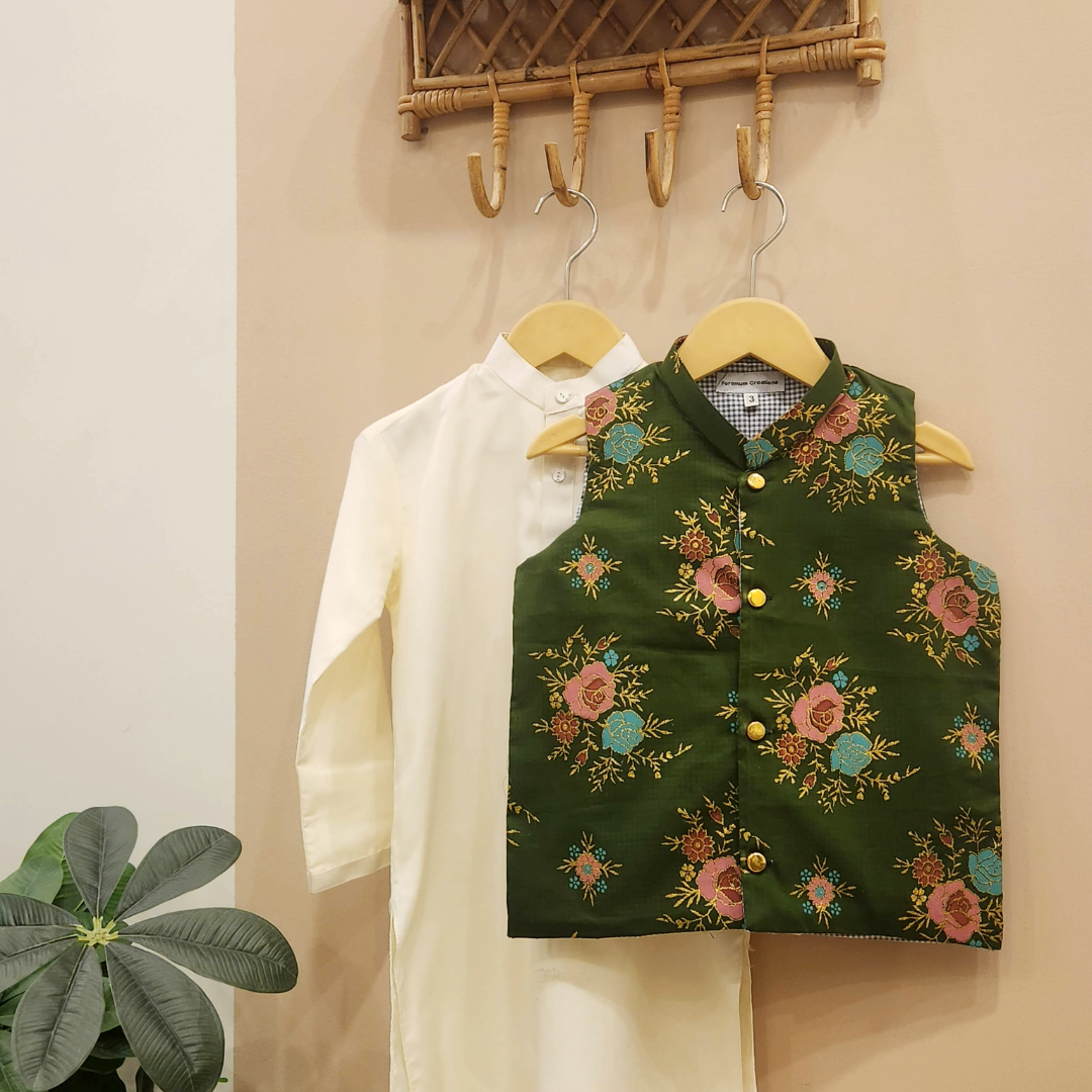 Emerald Blossom Waistcoat with Cream Kurta Trouser