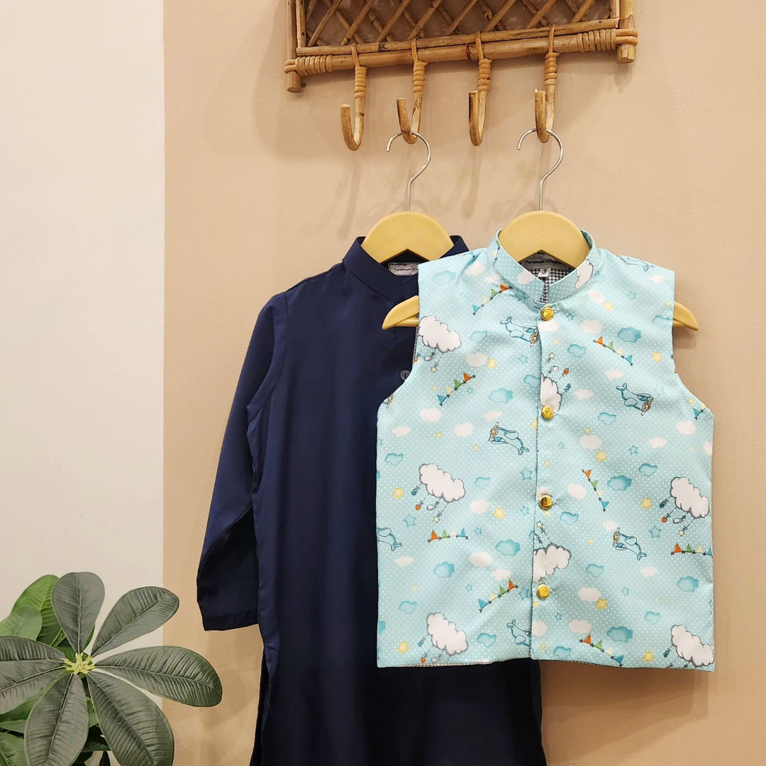 Cloudy Comfort Waistcoat and Navy Blue Kurta with White Trouser