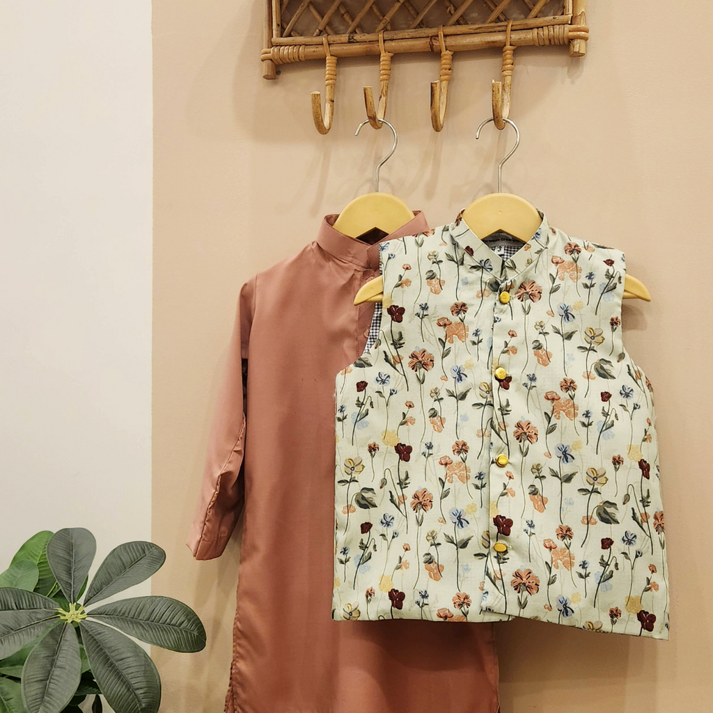 Garden Blossom Waistcoat with Blush Pink Kurta and White Trouser