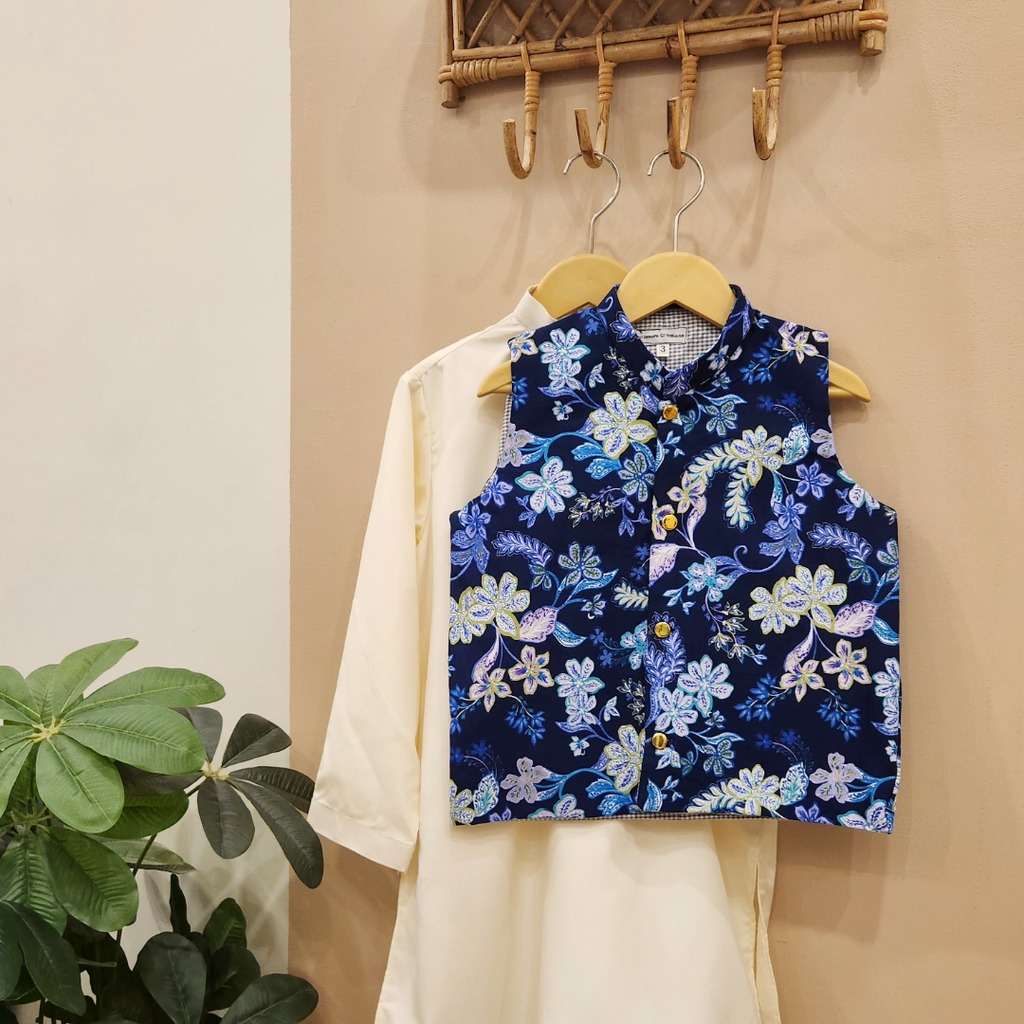 Floral Midnight Waistcoat and Cream Kurta with Trouser