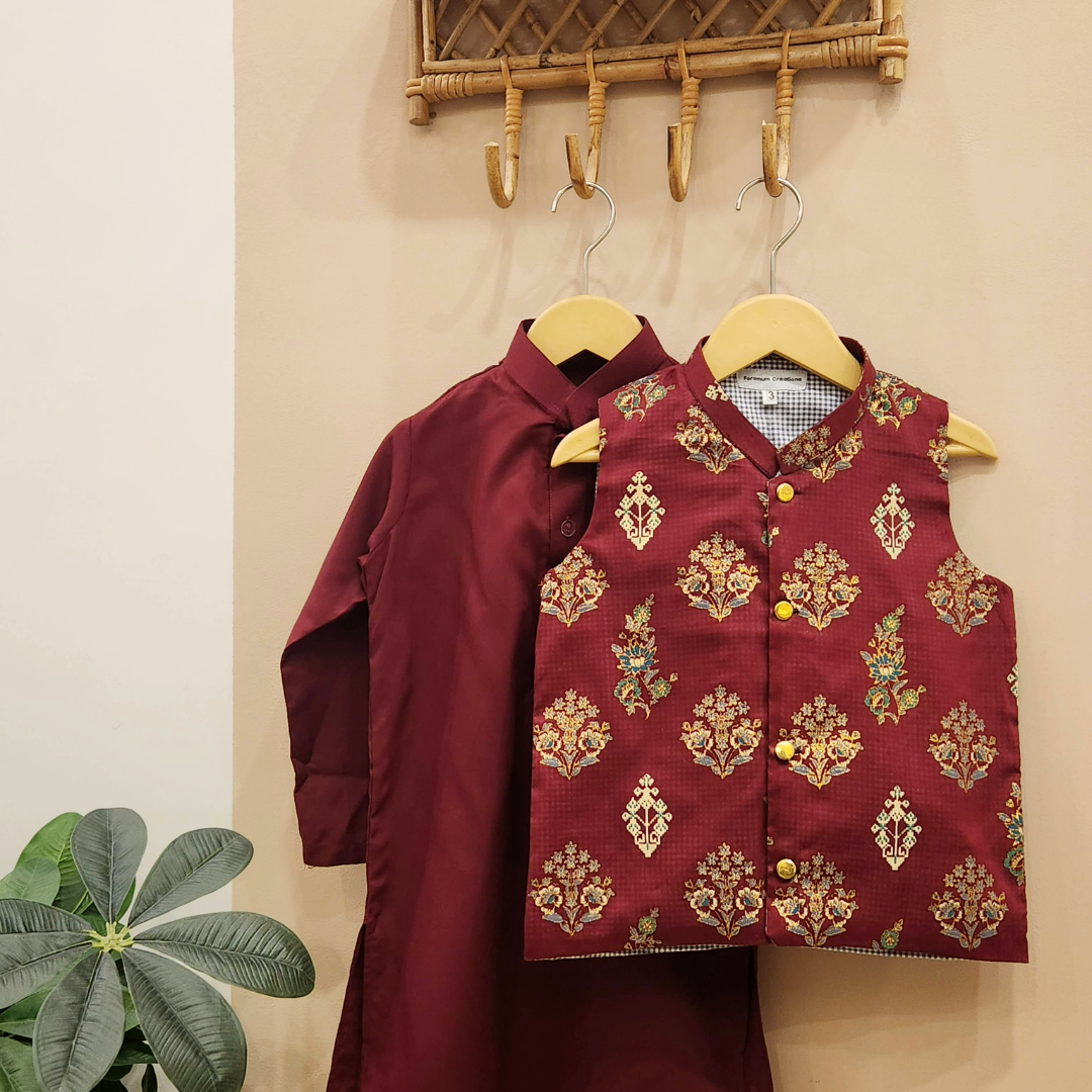Royal Maroon Waistcoat with Maroon Kurta and White Trouser