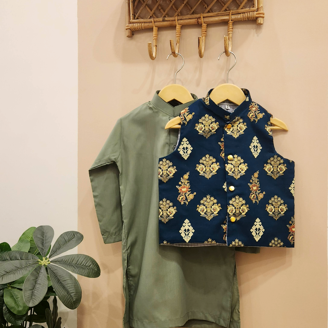 Navy Heritage Waistcoat with Sage Green Kurta with White Trouser