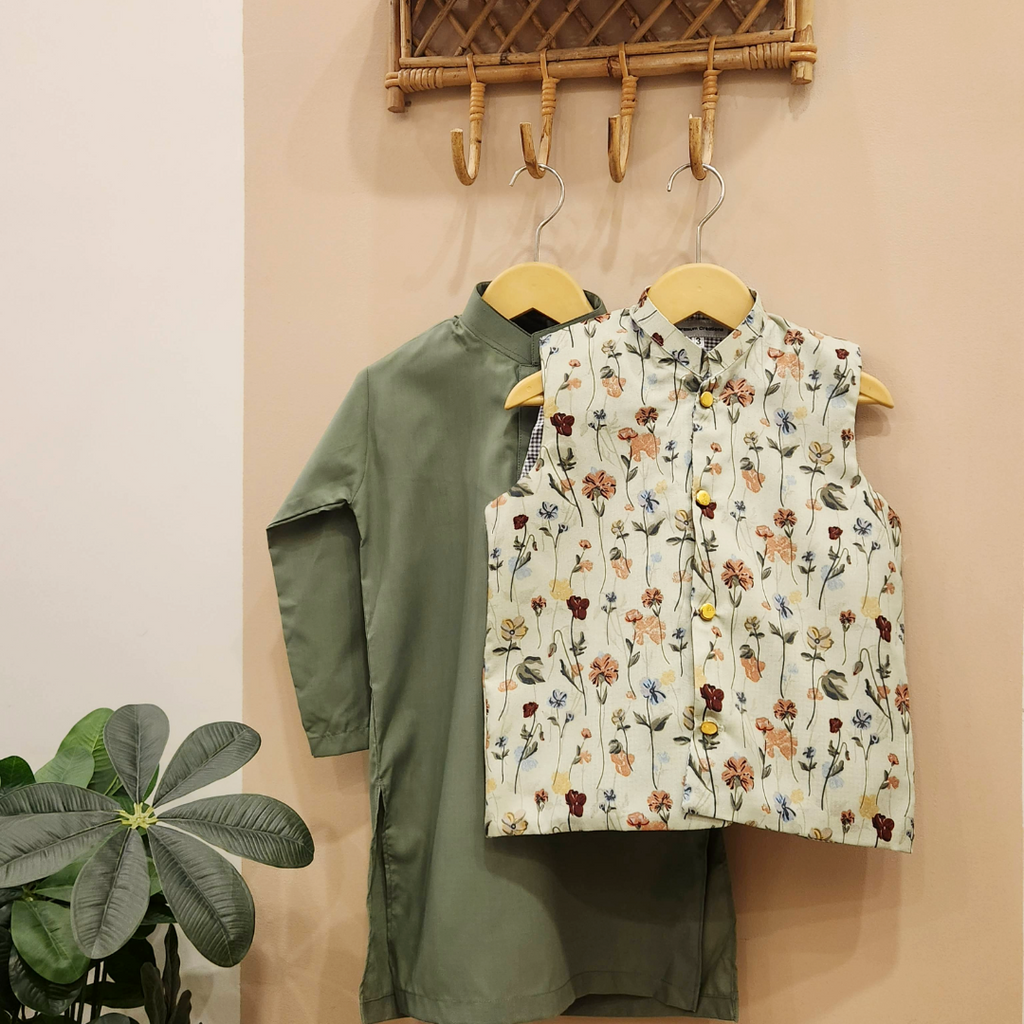 Garden Blossom Waistcoat with Sage Green Kurta and White Trouser
