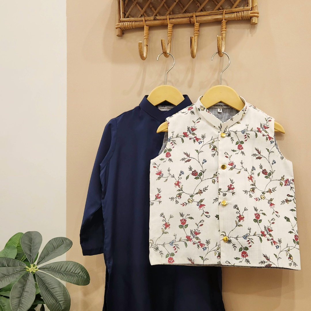 Blossom Whisper Waistcoat and Navy Blue Kurta with White Trouser