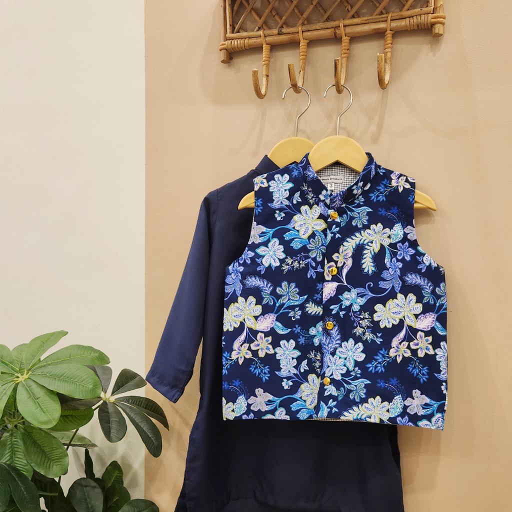Floral Midnight Waistcoat and Navy Kurta with White Trouser