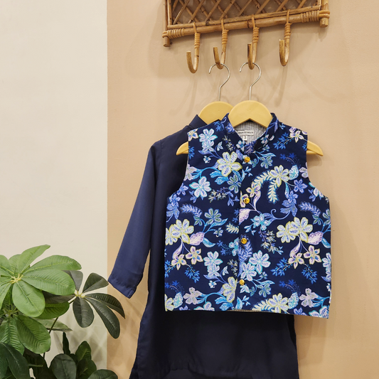 Floral Midnight Waistcoat and Navy Kurta with White Trouser