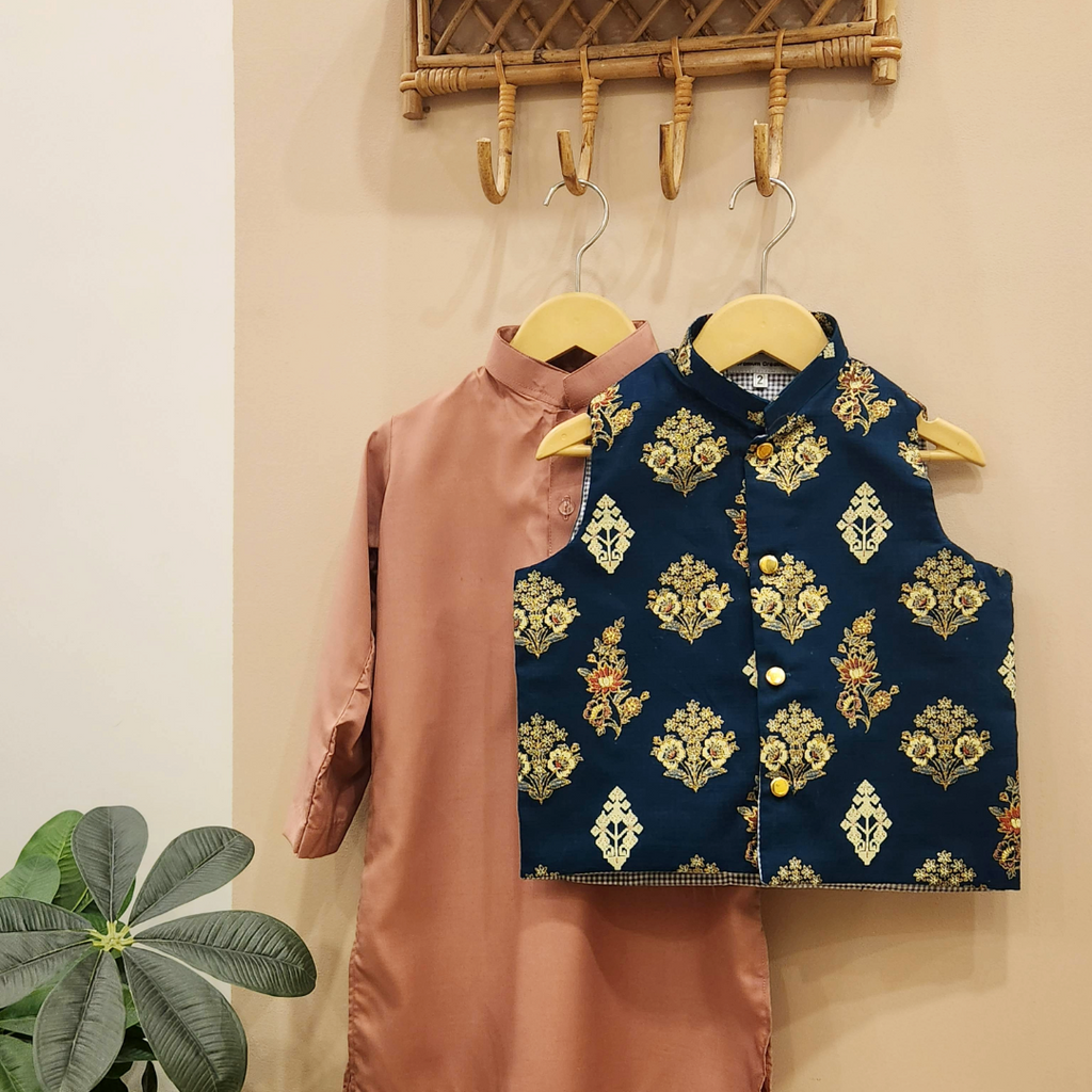 Navy Heritage Waistcoat with Blush Pink Kurta  with white Trouser