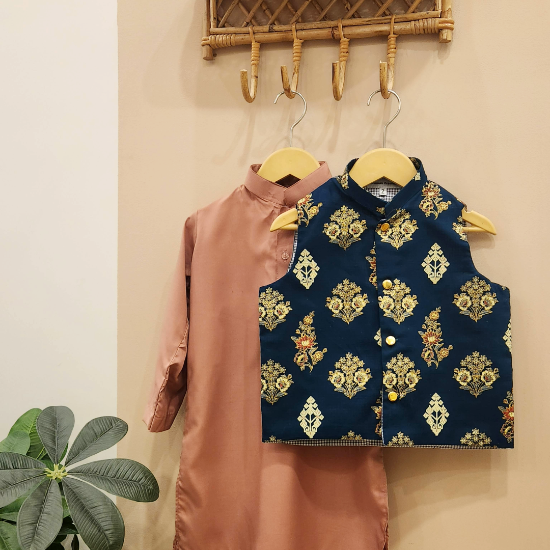 Navy Heritage Waistcoat with Blush Pink Kurta  with white Trouser