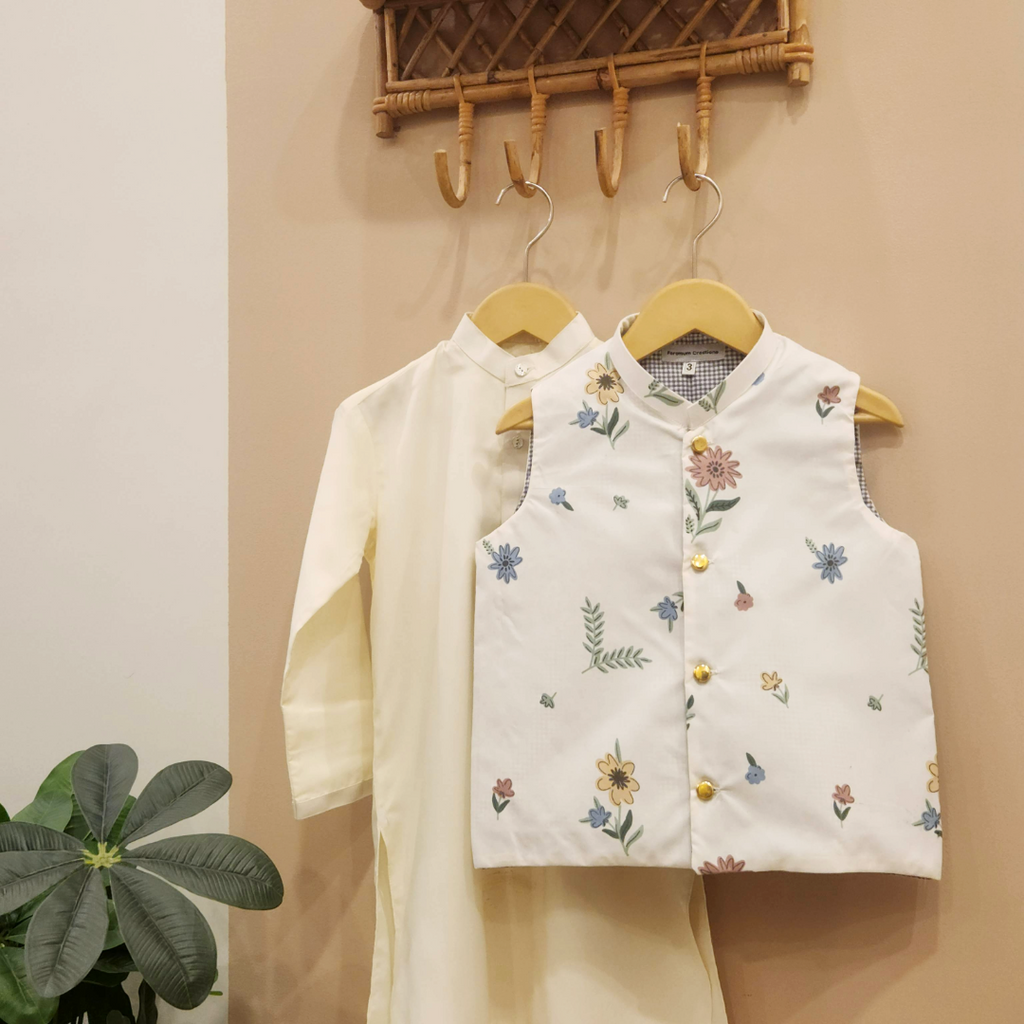Ivory Garden Waistcoat with White Kurta Trouser