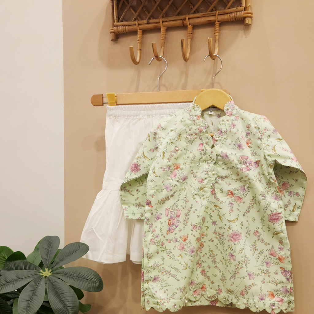 Mint Bloom Pearls Kurti with Gharara Set