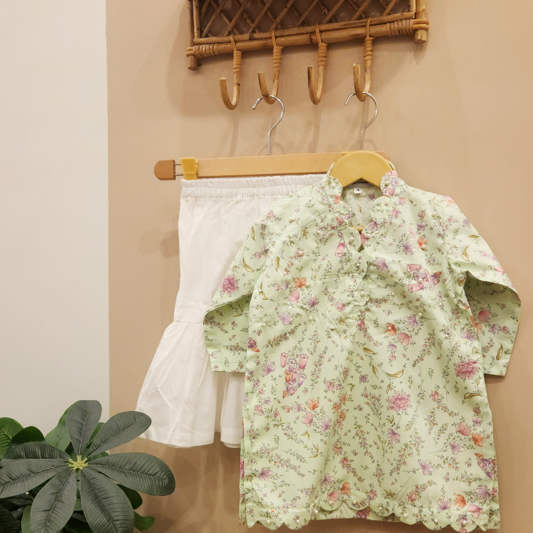 Mint Bloom Pearls Kurti with Gharara Set