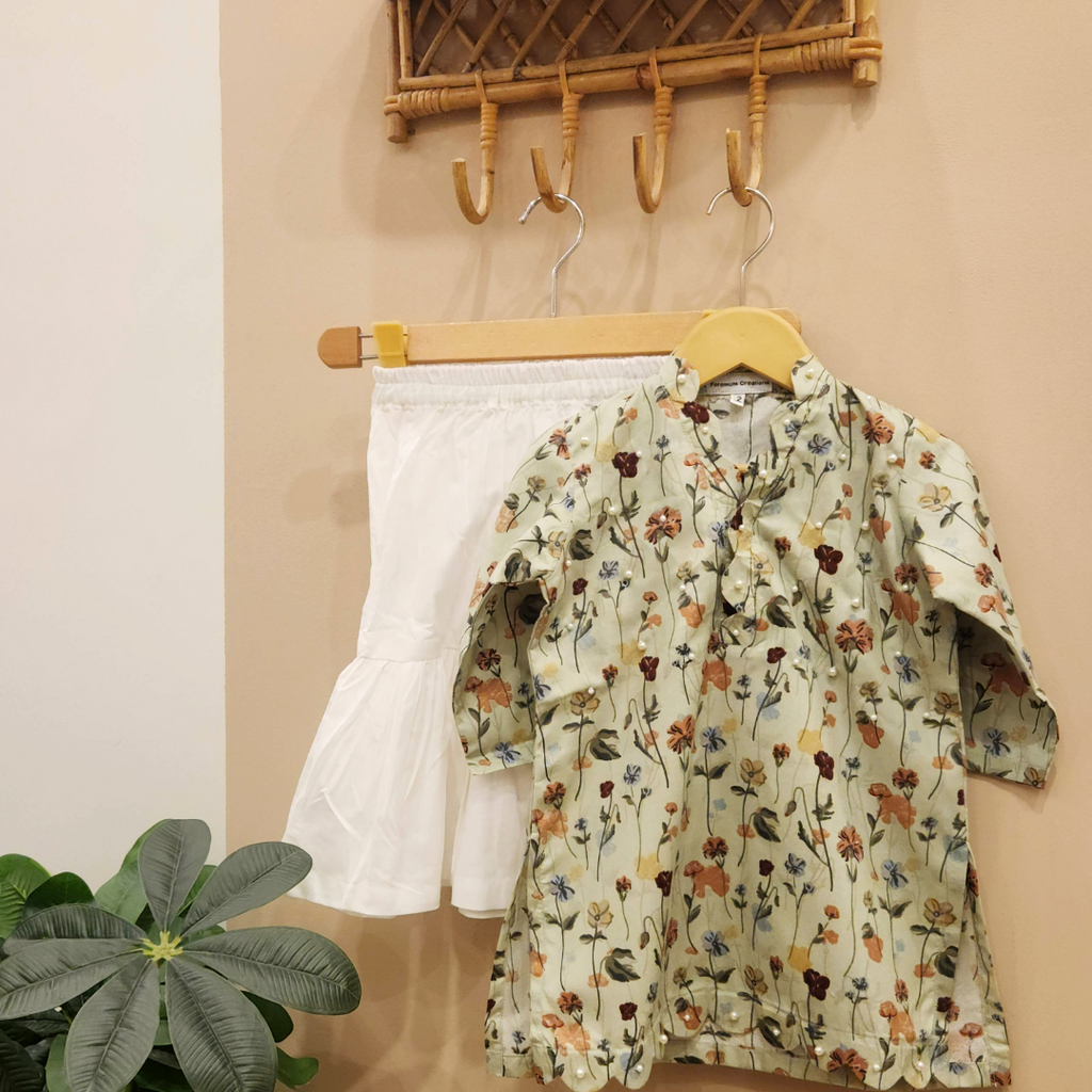 Garden Blossom Pearls Kurti with Gharara Set
